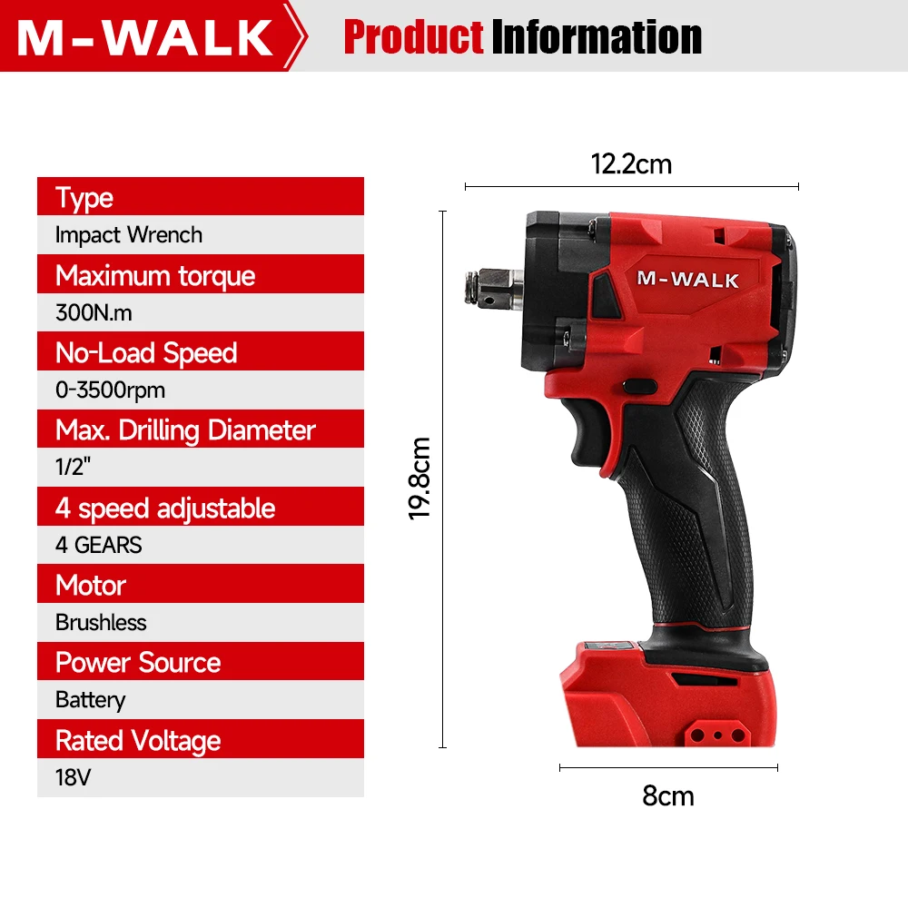 Impact Wrench 300N.M Brushless Electric Cordless 1/2 in Screwdriver Car Repair Power Tools For Milwaukee 18V battery Pins