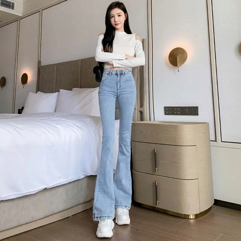 여성용 하이 웨이스트 얇은 플레어 바지, 슬림 패션, 다용도 캐주얼 바지, 여성 트렌드, 한국 청바지, 2023 봄 여름 신상