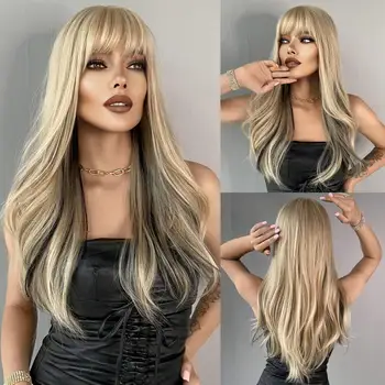 NAMM Long Wavy Curly Wigs for Women HD Black Blonde Hair Cosplay Party Heat Resistant Fake Hair Natural Synthetic Wig with Bangs 1