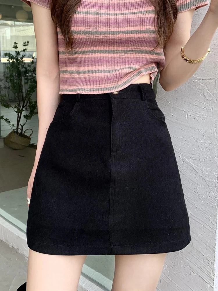 

Women Summer Solid Simple High Waist A-Line Sweet Pink Mini Skirts College Tender Korean Popular Office Female Fashion Black New