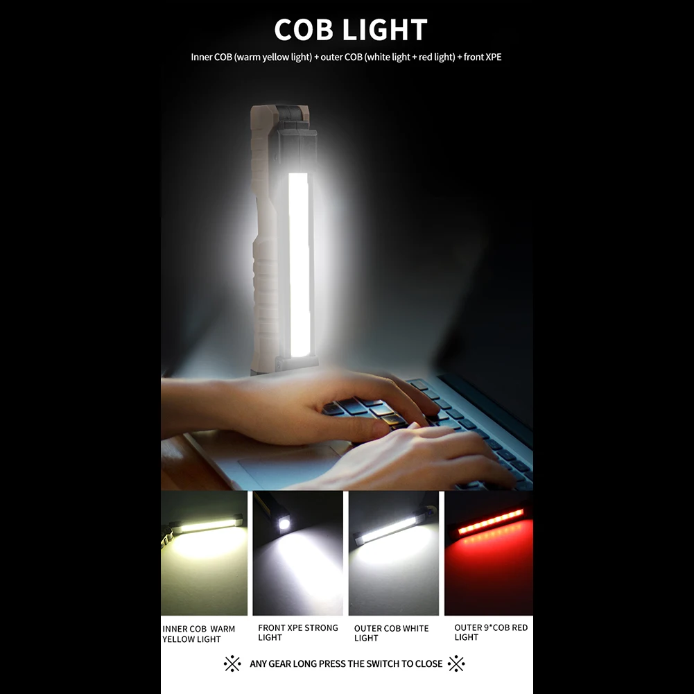 전원 용량 표시기가 있는 휴대용 휴대용 손전등, COB XPE LED 작업등, C타입 USB 충전식, 야외 자동차 수리