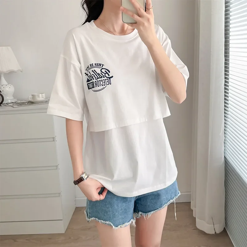 순면 임산부 티셔츠, 사이드 수유 브라, 산후 외투, 모유 수유 의류, 트렌디 임산부 탑 베이스레이어, 여름