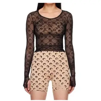 Women Tshirt Long Sleeve Korean Sexy Sweet Spicy Top Hollow Out Mesh Plush Moon Print Street Shorts Mushroom Edge Tight Fit 1