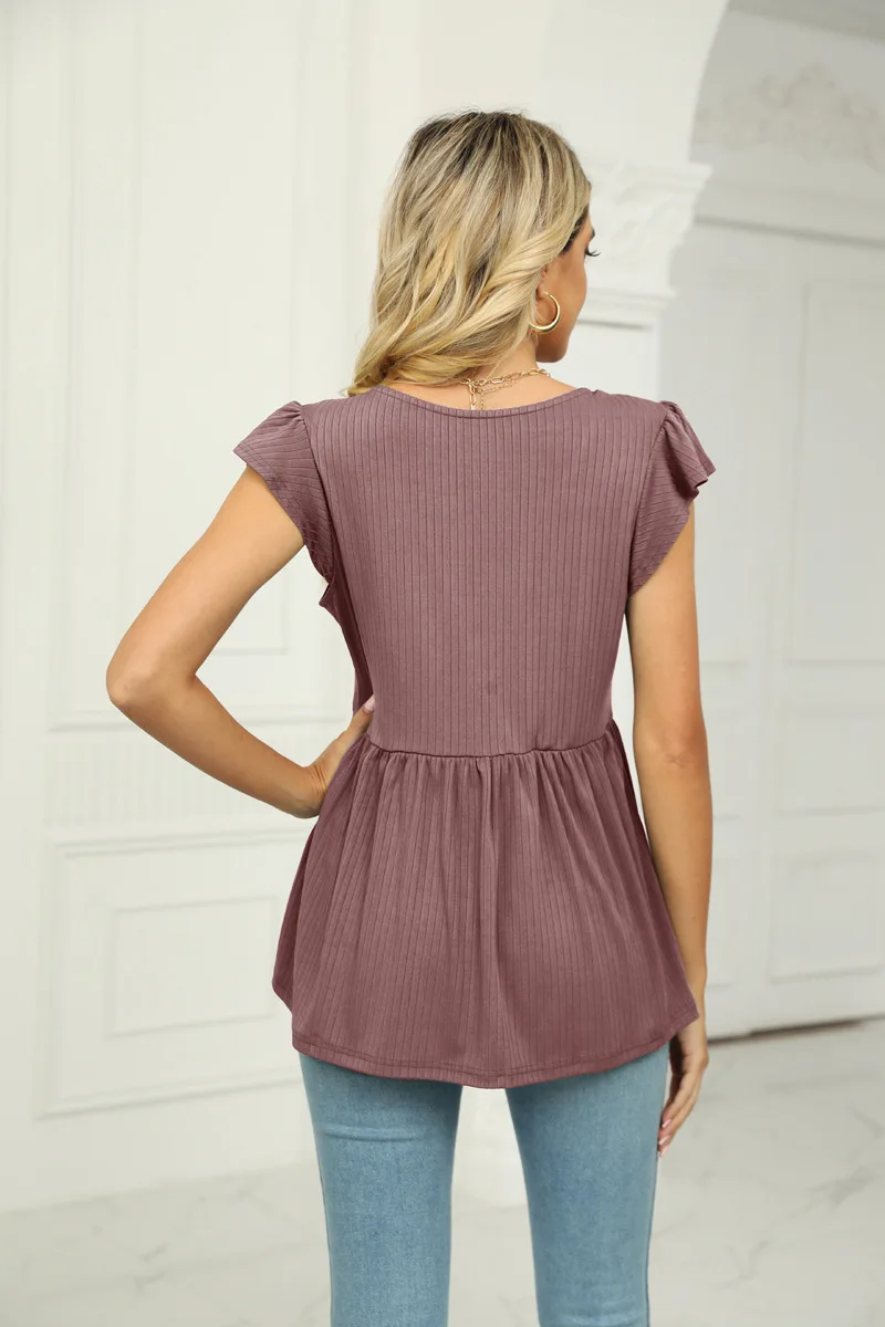 Summer Cute Babydoll Bloues Flare Tunic Loose Peplum Pleated V Neck Short Sleeve Plain Woman Tshirts Knit Rib T Shirt Tees Top