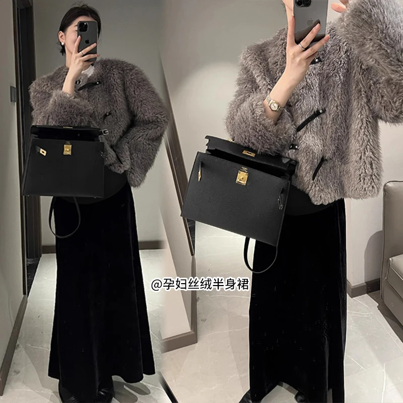Autumn Winter Maternity Fishtail Skirt Black Elegant High Waist Pregnant Woman Velour Skirts Vintage Design Pregnancy Long Skirt