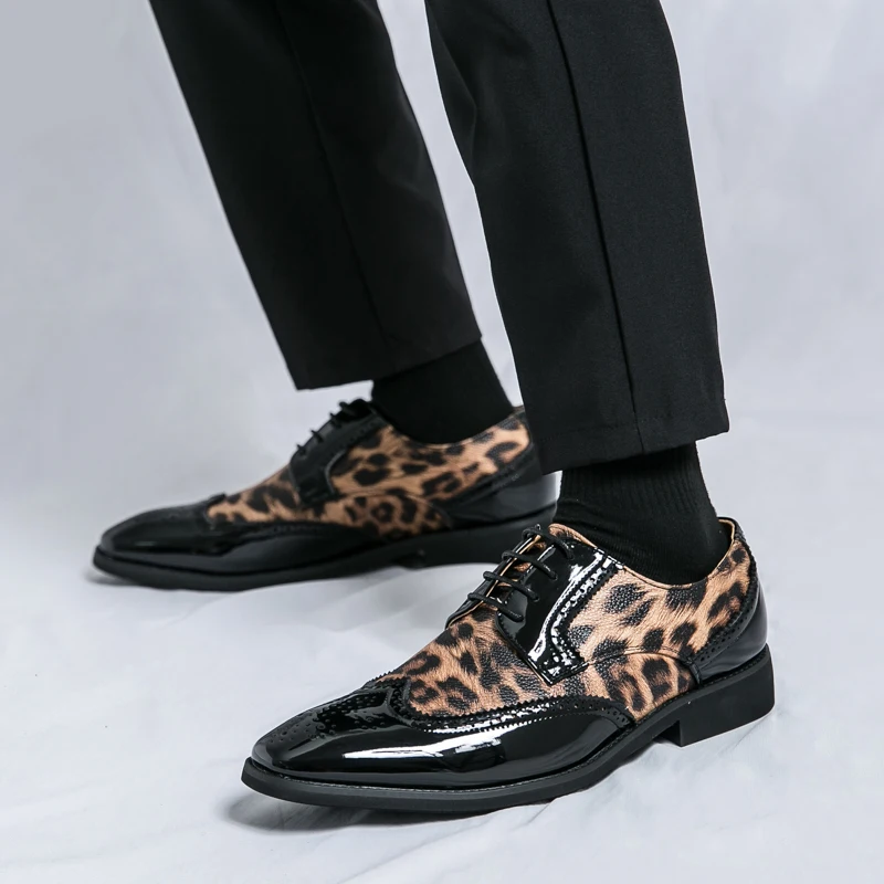 Men's lace-up leopard print leather shoes slip-on business casual loafers Hair Stylist Nightclub 46 47 48 Extra size