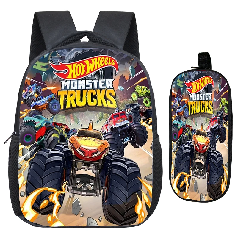 Hot Wheels Monster Trucks Backpack 2pcs Set Cool Car Pattern