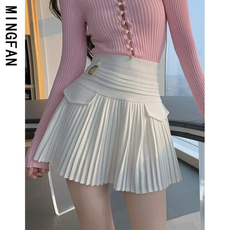 

Y2k New Spring Summer Women's Pleated Skirt High-waisted Metal A-line Short Mini Skirts Invisible Zipper Anti-glare Lining Skirt