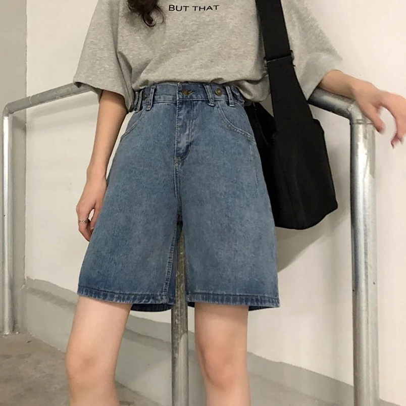 

Women Clothes Casual A-Line Shorts Summer Chic High Waist Jeans Girls Street Style All-match Loose Denim Straight Shorts Howdfeo
