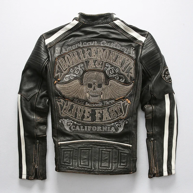 

Genuine Leather New Skulls Motorcycle Biker Vintage Thick Cowhide Jacket Male Brand Designer Coat