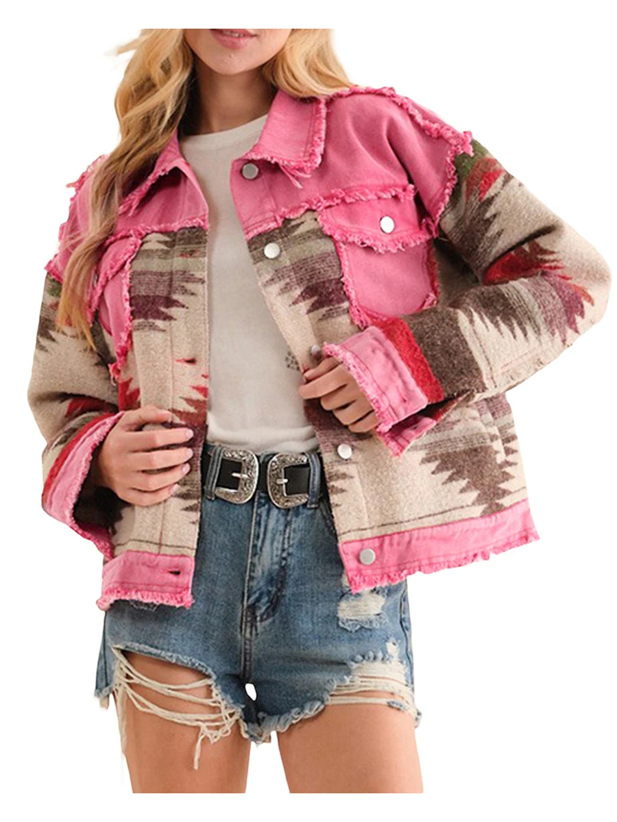

Women Denim Jacket, Long Sleeve Turn-down Collar Button Closure Patchwork Fall Jacket Streetwear