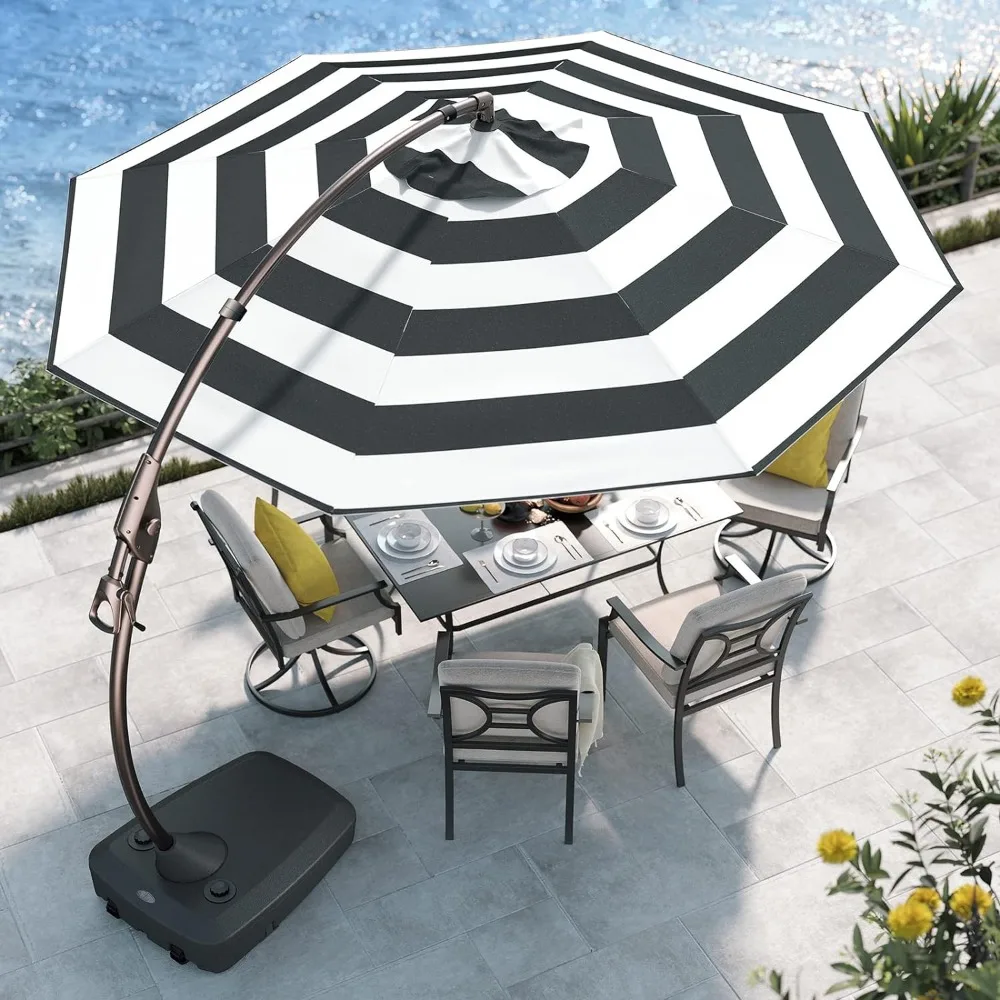 11 FT Cantilever Umbrella with Base Outdoor Large Round Aluminum Offset Hanging Umbrella for Garden Backyard (Black & White)