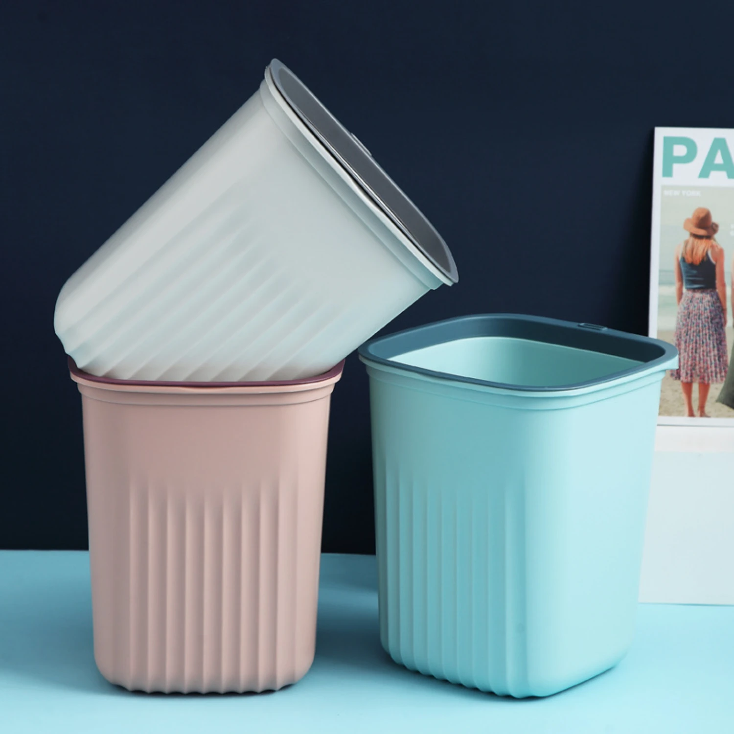 Simple Lidless Trash Can Creative Pressure Ring Waste Paper Bucket Garbage Can for Kitchen Living Room Bathroom Dorm And Office