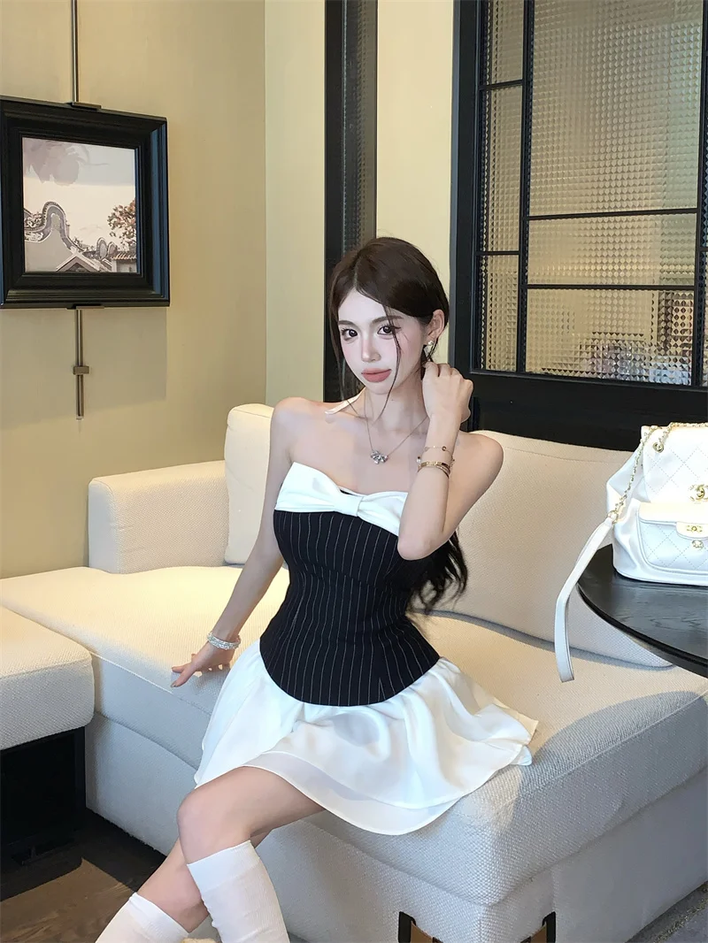 Sexy Striped Patchwork Short Dresses for Women Strapless Layered Ruffles A-line Bow Birthday Party Dress Korean Fashion Vestido