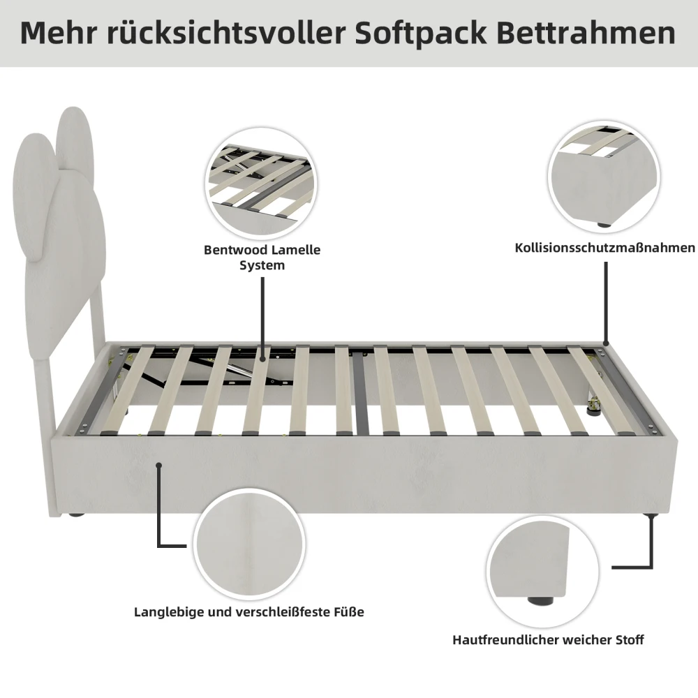 Modernes, minimalistisches Polsterbett mit weichem Kopfteil in Cartoon-Form, 90 x 200 cm Basis mit Gasliftmechanismus, Matratze nicht im Lieferumfang enthalten. – Detail 11