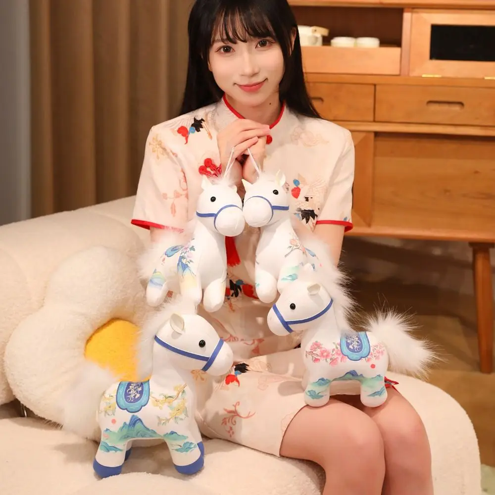 Chinese Style Cartoon Steed Doll PP Cotton Fluffy Zodiac Pony Figurine Collection Soft Plush Horse Doll Pendant Birthday Gift