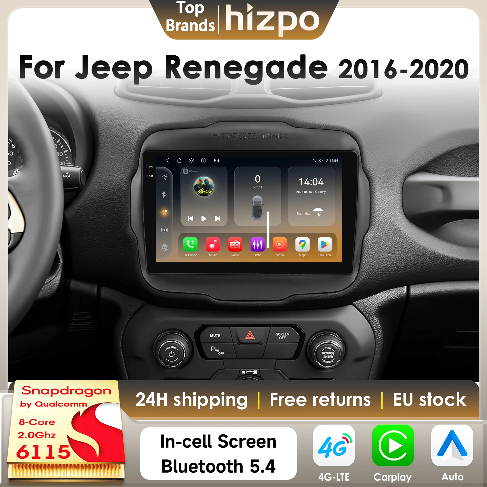 Hizpo 8Core 8G 128G Android 14 Autoradio für Jeep Renegade 2016-2020 CarPlay 2Din 4G BT5.4 DSP GPS von Qualcomm Snapdragon 6115