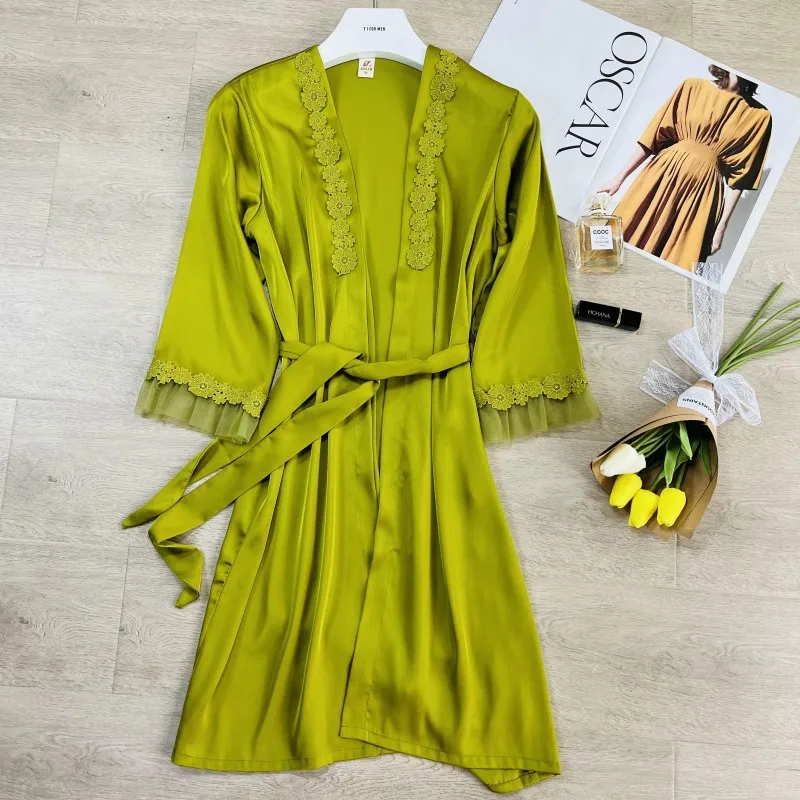 

Women Lace Trim Kimono Robe Sexy Cardigan Bathrobe Knee-Length Nightdress Bride Wedding Lingerie Bathrobe Sleepshirts Home Dress