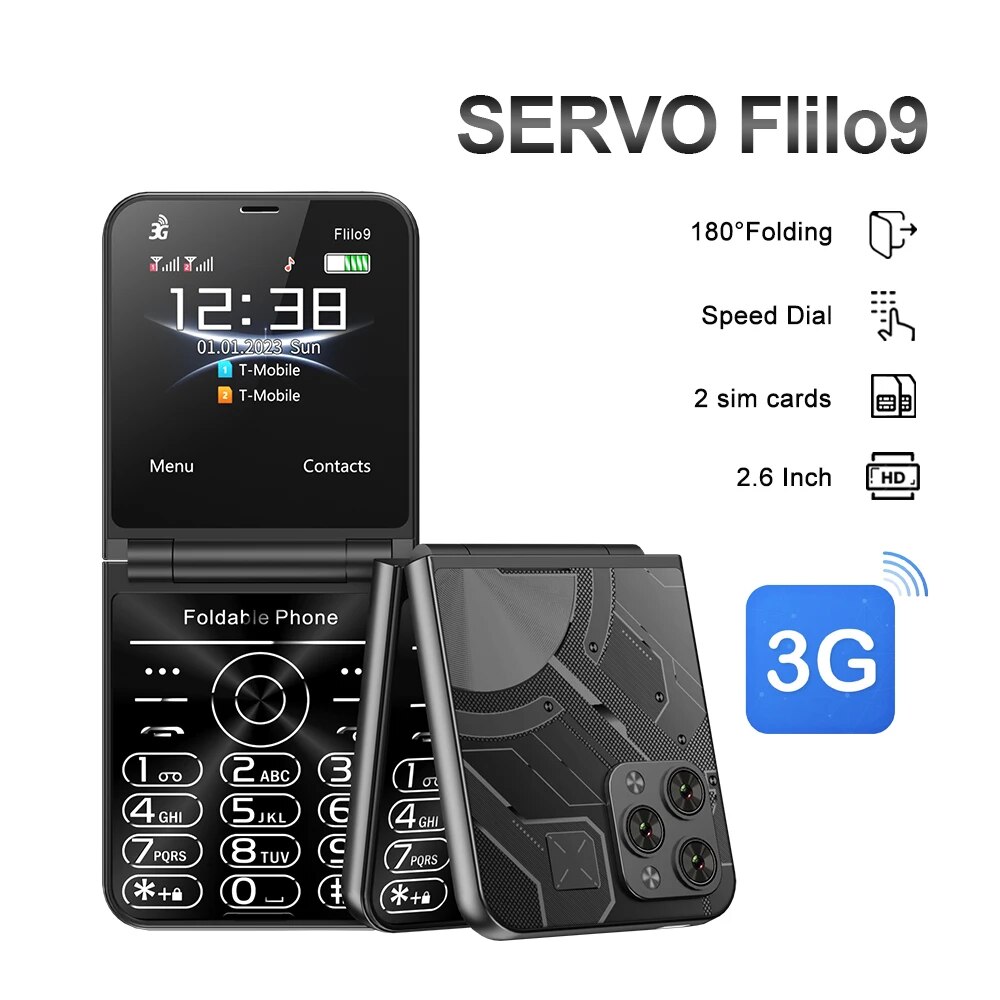  New High-end 2024 SERVO Flilo9 3G WCDMA Cellphone Foldable 2 SIM Card Speed Dial Blacklist Type-C Flip Mobile Phone 2.6“ Displa 
