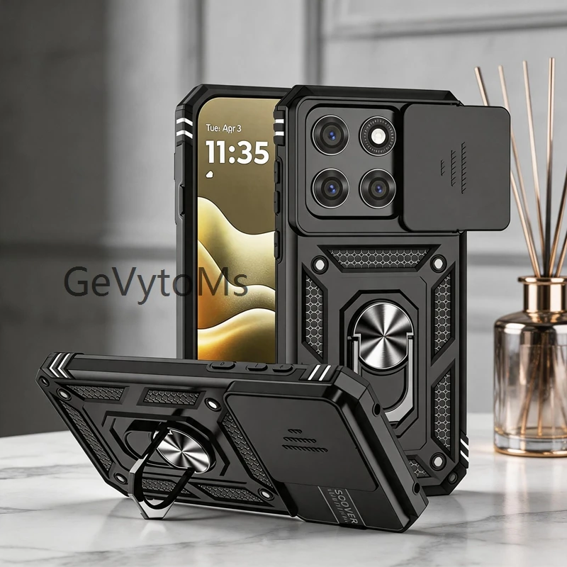 Matte Finish Stand Ring Case with Slide Camera Protector and Military-Grade Durability