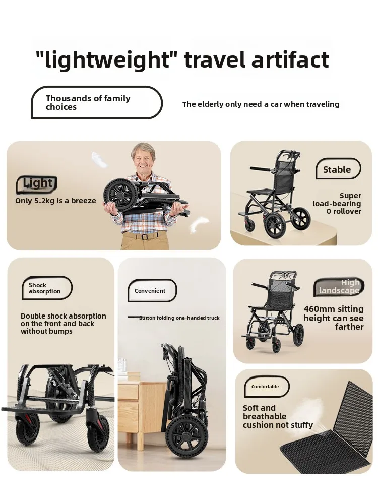Sedia a rotelle ultraleggera pieghevole in lega di alluminio per anziani scooter da viaggio speciale portatile semplice per anziani - immagine 5