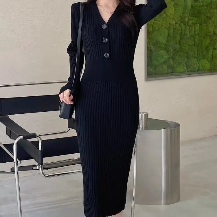 

Women Autumn Knitted Dress V Neck Sexy Slim Elastic Oversized Basic Bodycon Sweater Winter knit Warm Long B229