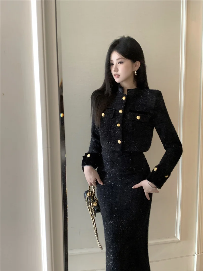 Two Piece Set Women Skirt 2023 Autumn Tweed Jacket Midi Pencil