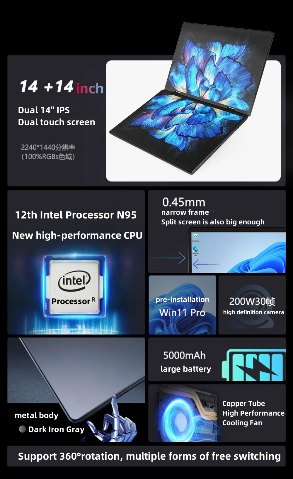 S64ec9e0f1e254a9fad54de900fdb6ebdI Dual Screen Laptop Intel N95 Processor 14“+14” touch Gaming Laptop DDR4 32GB 1TB 2TB SSD Notebook Computer