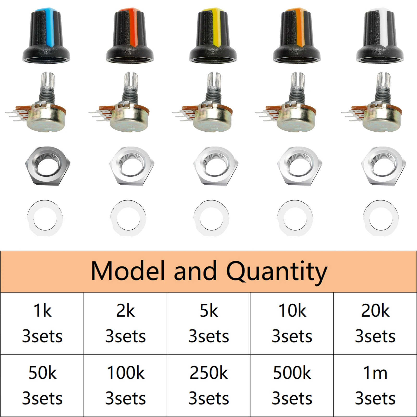 30sets WH148 Potentiometer Assortment potentiometer kit Variable Resistors With Nuts And Washers 1k 10k 50k 500k 1M