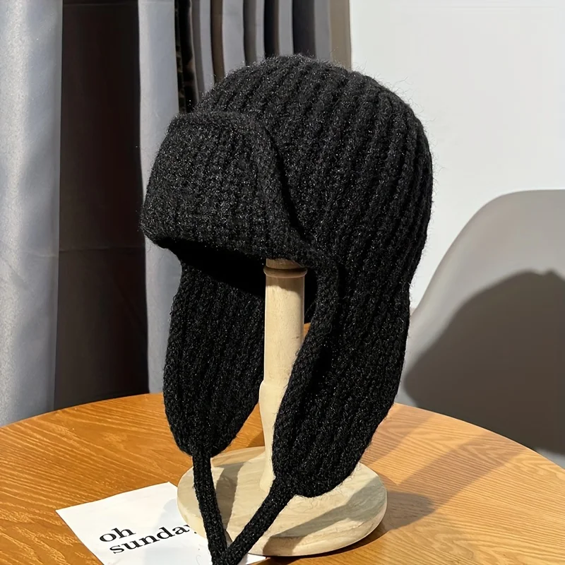 Solid color warm ear protection knitted hat for children in autumn and winter with tied wool hat, fashionable thickened hat 5