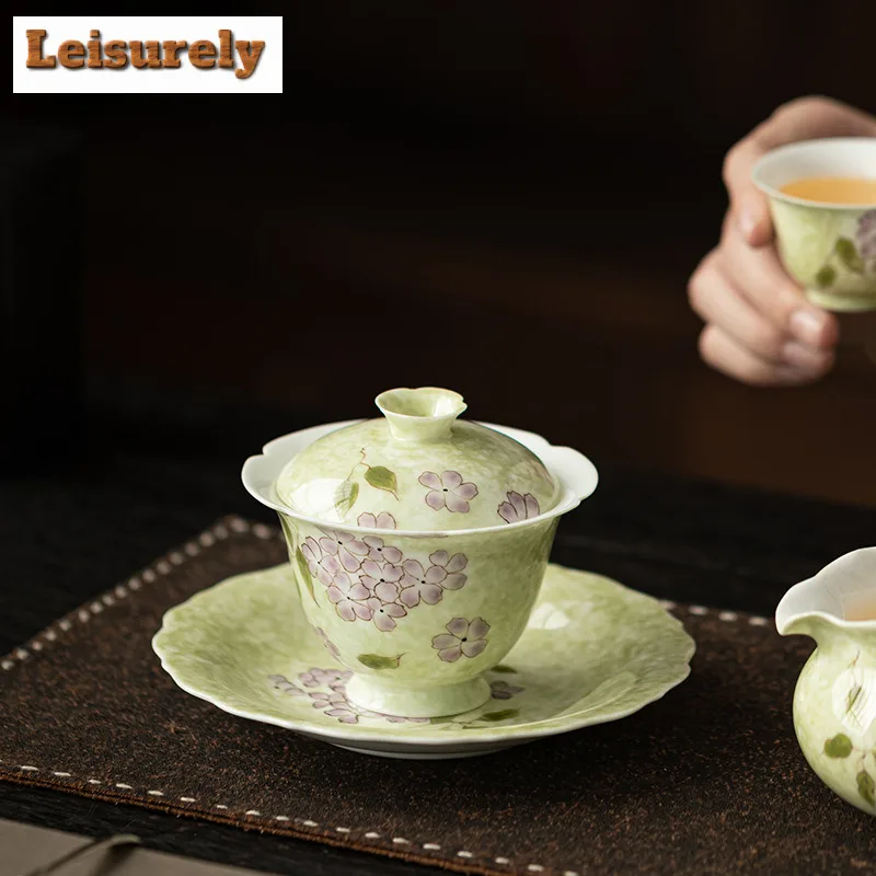 Hand-painted Hydrangea Gaiwan Vintage Tea Tureen Tea Bowl with Lid Kit Tea Maker Cover Bowl Tea Ceremony Accessories Ornaments