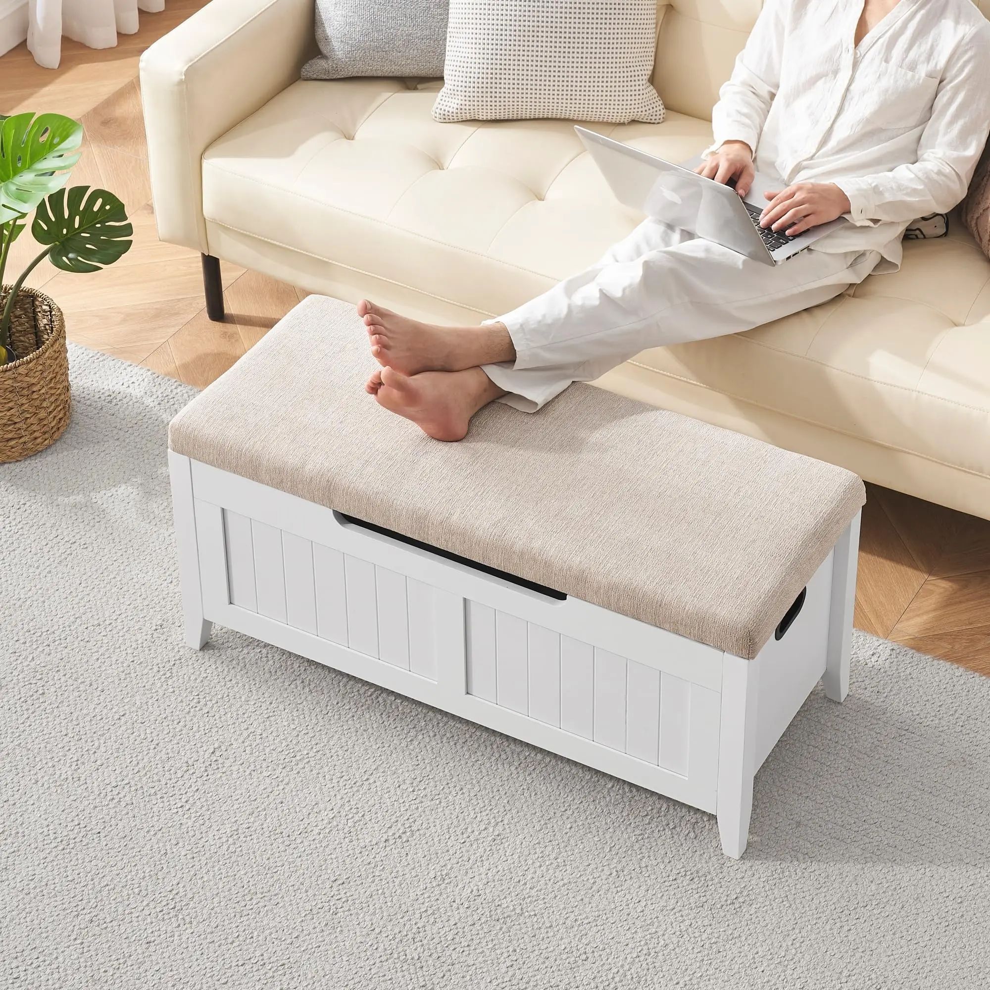 Storage Bench, 39.4” Wooden Chest Storage Box with 2 Safety Hinges, Entryway Benches with Flip-Top, Large Trunk for Living Room,