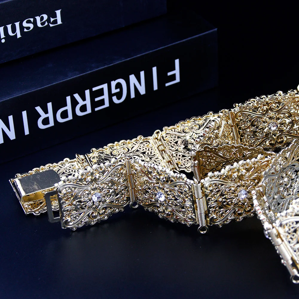 Sunspicems Breiter Marokko-Gürtel für Frauen, Kaftan, Kleid, Taillenkette, goldfarben, arabische Hochzeit, Körperschmuck, Kristallgürtel, Brautgeschenk – Detail 6
