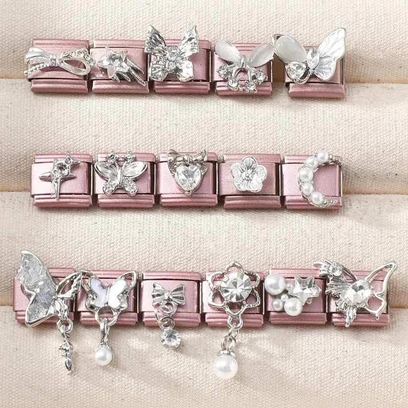 Pink 3D Shiny Bow Heart Charm Bracelet