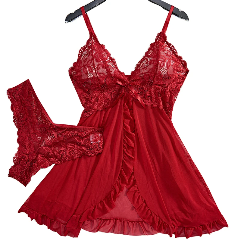 New Solid Color Lace Women's Deep V-neck Low-cut Backless Mesh Pattern Hollow Irregular Halter Nightdress Lingerie Set Babydoll