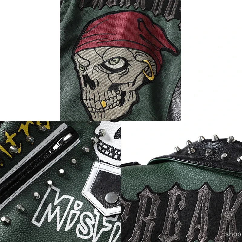 Punk Studded Cropped Leather Jacket for Women 2024 Trend Streetwear Patchwork Graffiti Print Faux Leather Motorcycle Jackets