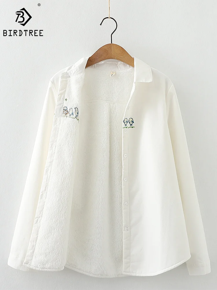 

Autumn Cotton White Shirts Women Penguin Embroidery Fleece Tops Long Sleeve Solid Loose Casual Long Blouses Winter New T38304JM
