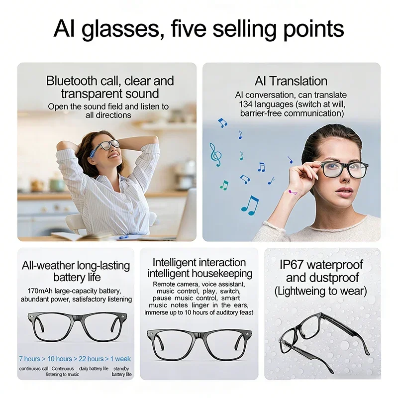 AI Smart Glasses for Men Smart Translation Glasses with Waterproof Call Function BT Smart Sunglas Outdoor Sports Headphones - 5