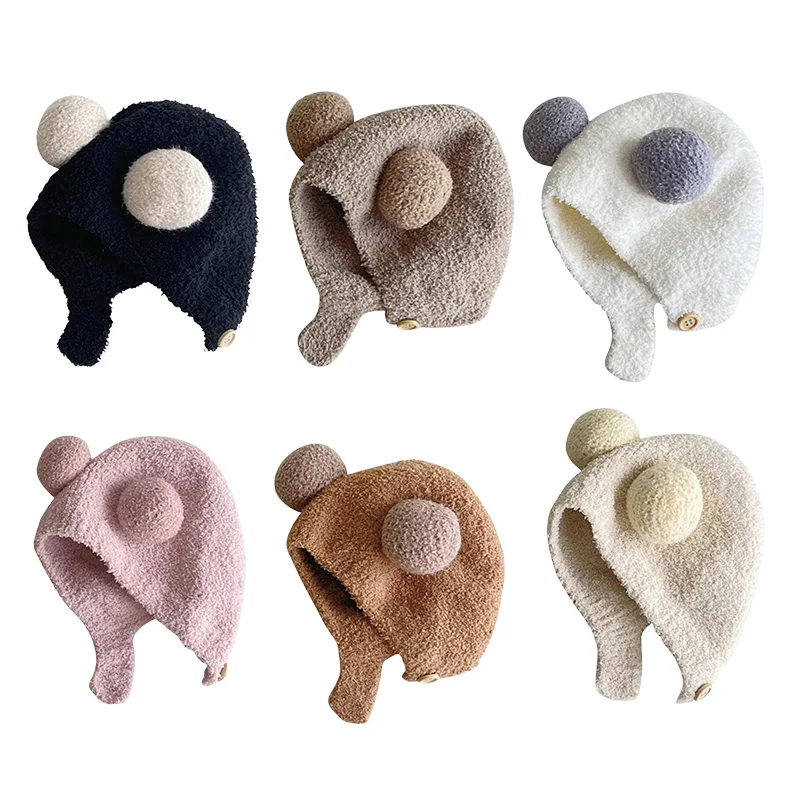 

Double Fur Ball Newborn Hat Autumn Winter Warm Ear Infant Cap Cute Knitting Cap for Boys Girls Toddler Baby Accessories 0-24M