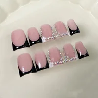 10pcs Handmade Press on Nails Short White French Duckbilled Fake Nail Tips Wearable Rhinestone Flower Design False Nails 4