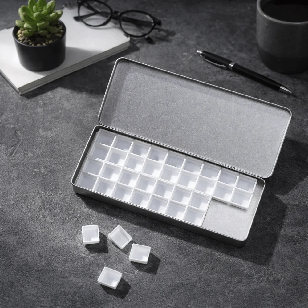 실버 컬러 수채화 포팅 박스 휴대용 빈 페인트 트레이 36칸 분리형 페인트 팔레트 박스 수채화 포장 상자