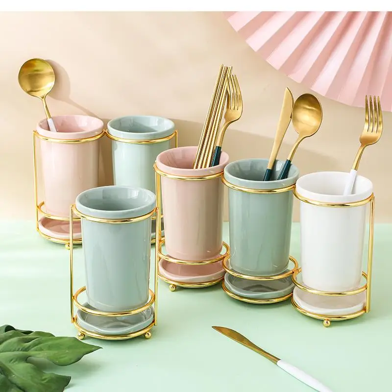Nordic Ceramic Chopstick Holder Light Luxury Storage Box Drain Cage Home Kitchen Decoration
