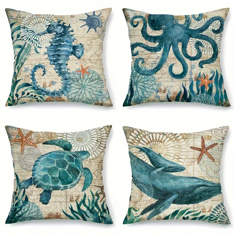 1pc Cove Single Side Square CushionCovers Seahorse Whale Starfish Turtle Blue Ocean Square Throw PillowCover Linen Material 6