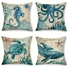 1pc Cove Single Side Square CushionCovers Seahorse Whale Starfish Turtle Blue Ocean Square Throw PillowCover Linen Material 6