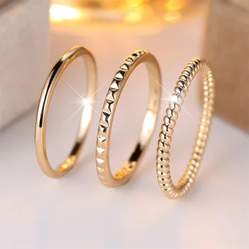 Vintage Fashion Smooth Metal Ring Sets For Women 3pcs/Set Gold Color Engagement Ring Wedding Jewelry Bridal Set Birthday Gifts
