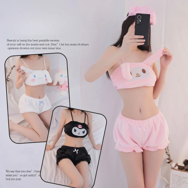 

New Sanrio Kuromi My Melody Cinnamoroll Sexy Pajamas Hot Girls Flannel Cartoon Fluffy Suspender Pajamas Shorts Set Girls Gift