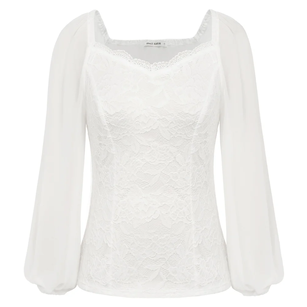 

GK Women Lace Patchwork Party Tops Lantern Long Sleeve Square V-Neck Pullover Elegant Lady Slim Fit Ruched Blouse A30