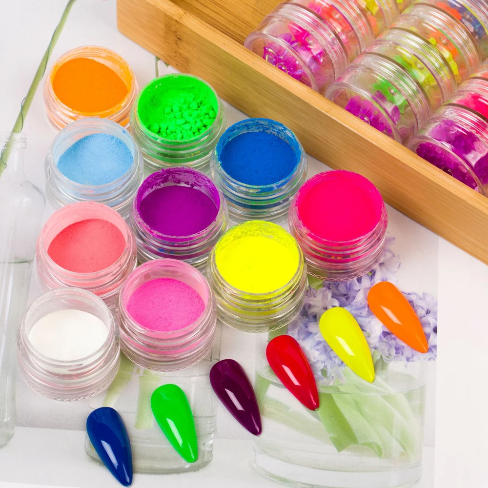 6Color/Set Neon Pigment Powder Fluorescent Nail Glitter Powder Chrome Pearlescent Epoxy Resin Eyeshadow Cosmetic Pigment nail powder,nail glitter,nail pigment,nail decoration,nail decorations,nail powder set,fluorescent pigment