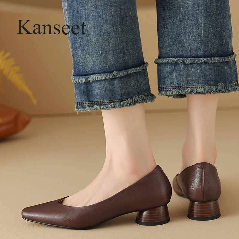 

Kanseet Pumps For Women 2023 Autumn Newest Genuine Leather Shoes Round Toe Daily Low Heels Handmade Lady Footwear Brown Sizes 40