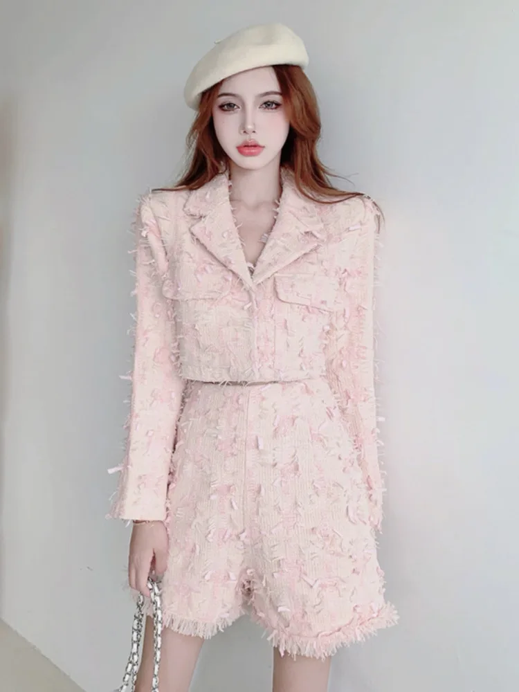 

High Quality French Luxury Small Fragrant Two Piece Set Women Jacket Coat + Short Suits Elegant Fashion Tassel 2 Piece Pant Sets